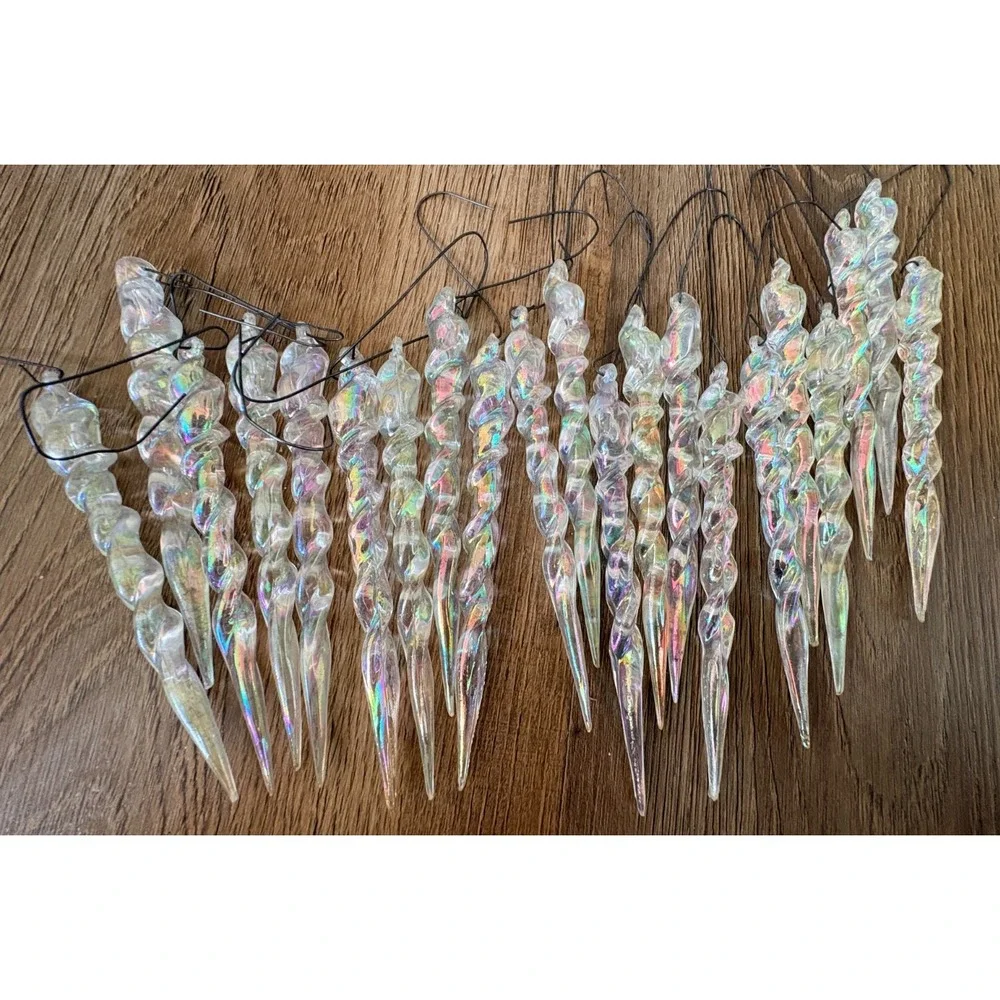 Vintage Lot/Set of 21 Clear Iridescent Twisted Icicle Ornaments 4.5 Inch